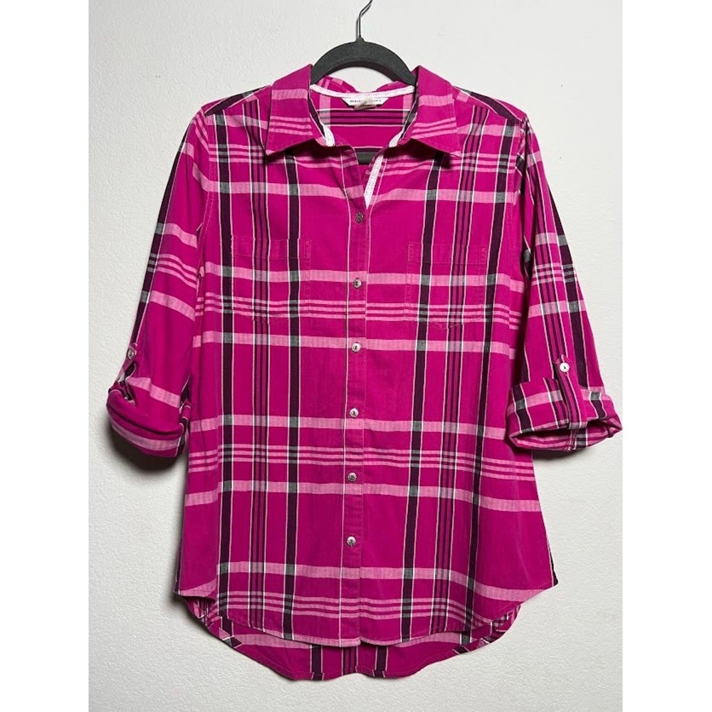 Allison Daley Plaid Button Down Shirt Medium Pink Womens Western Roll Tab Sleeve